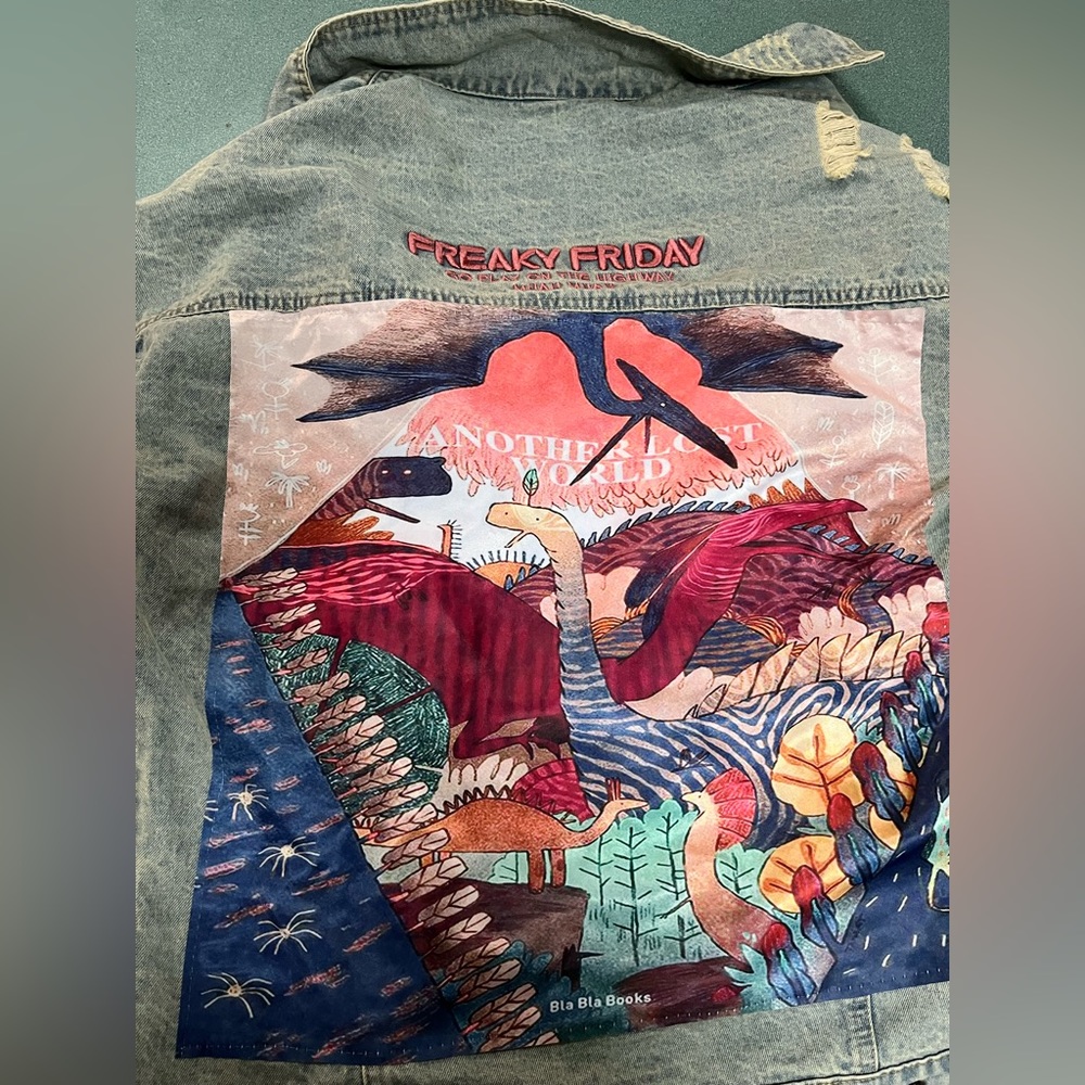 Weird design distressed denim jacket